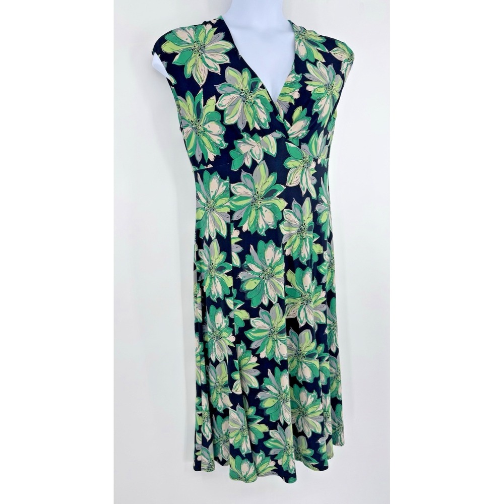 JONES New York Dress V-Neck Green Floral cap sleeve stretch Y2K fairy 14 midi